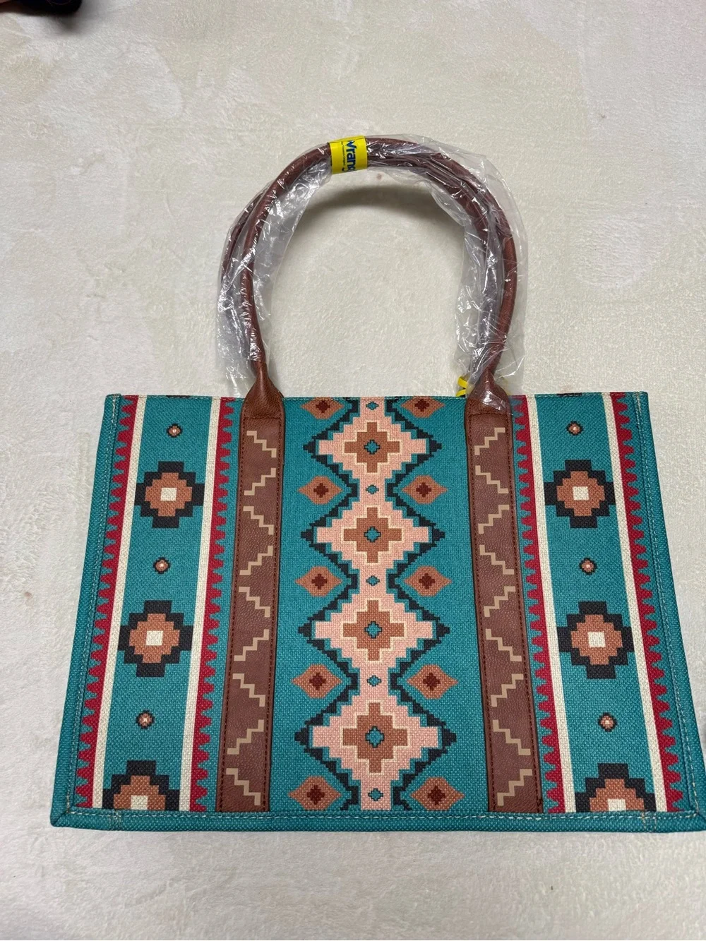 Wrangler Turquoise Aztec Pattern Tote with Brown Trim